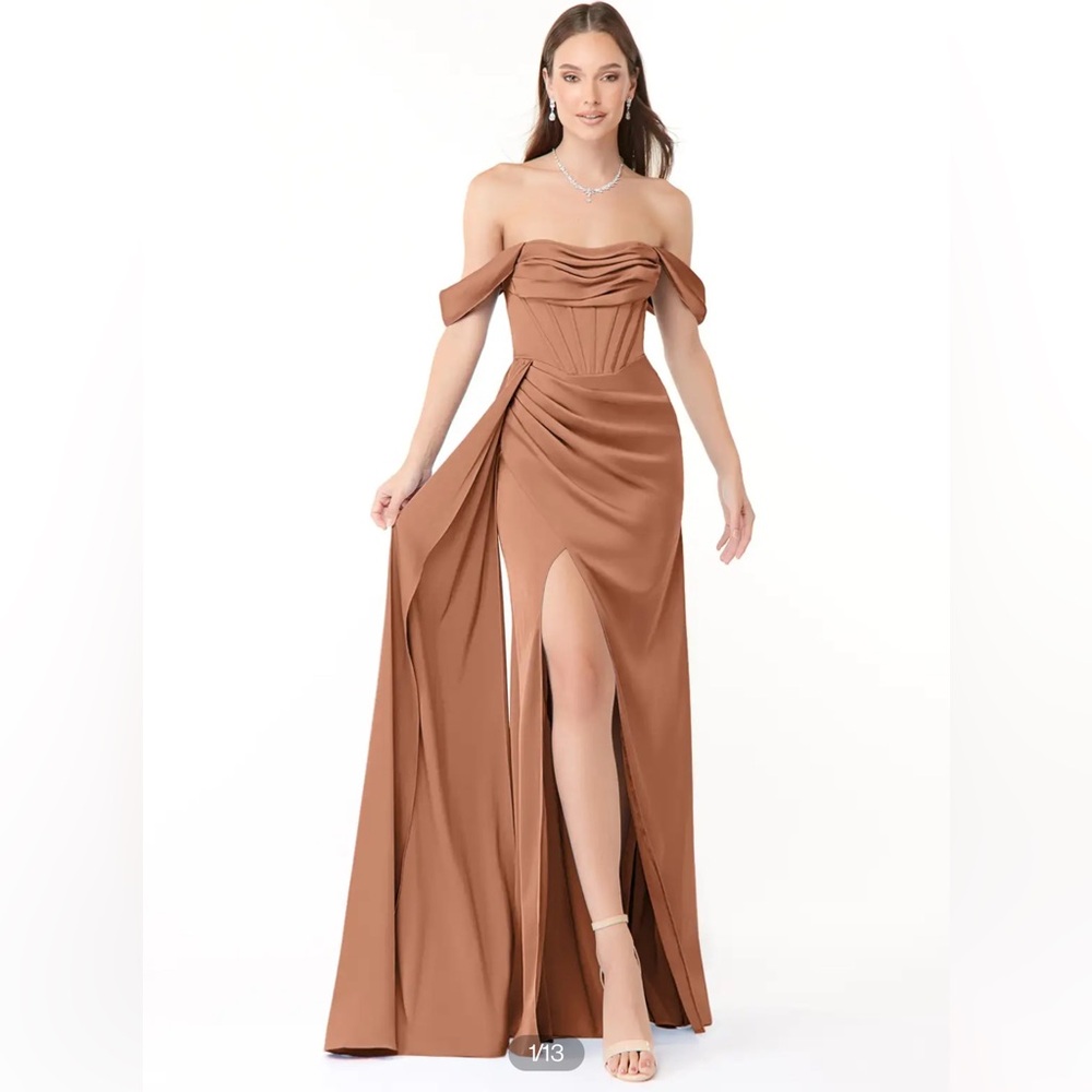 Brand New AZAZIE Amyra Dress in Bronzer Stretch Satin Size A6